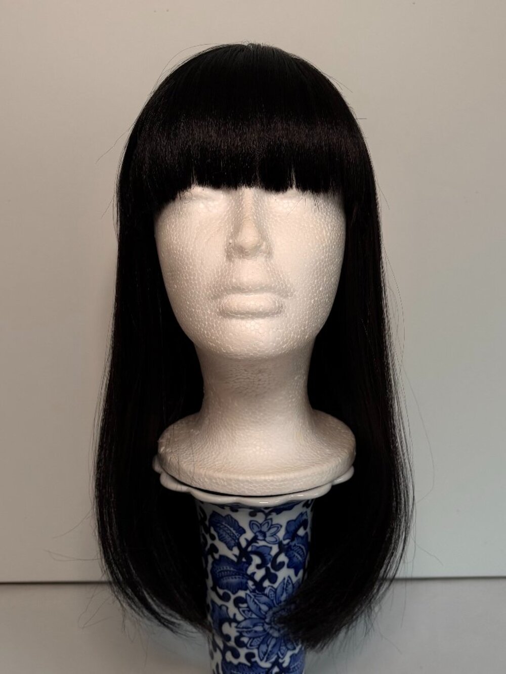 Blended Human Hair Wig – Straight Dark Brown Bob with Full Bangs – Shoulder Leng